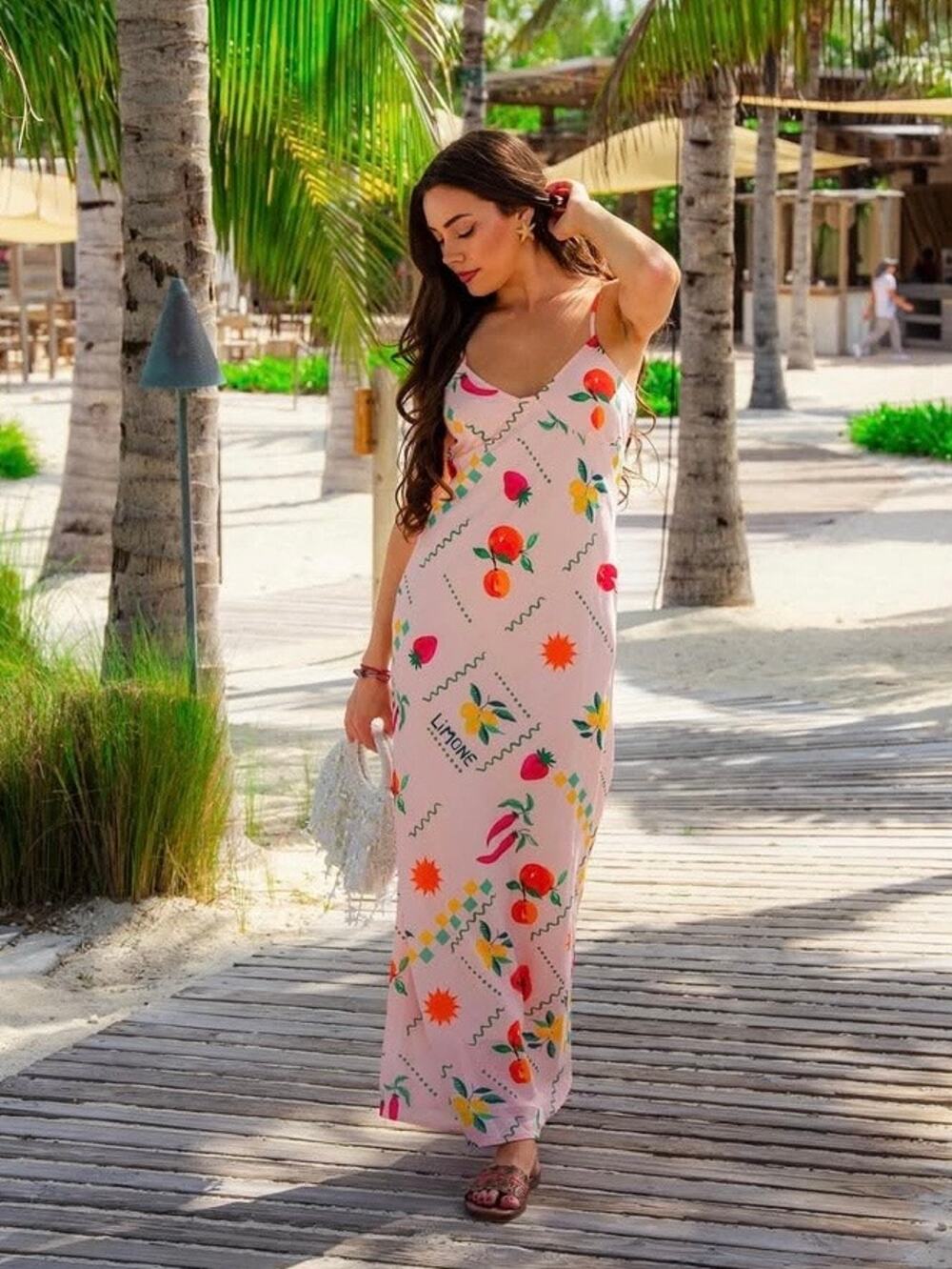 Petal&Pup Pink Fruit Print Frutti Tutti Maxi Slip Dress Sz.XL